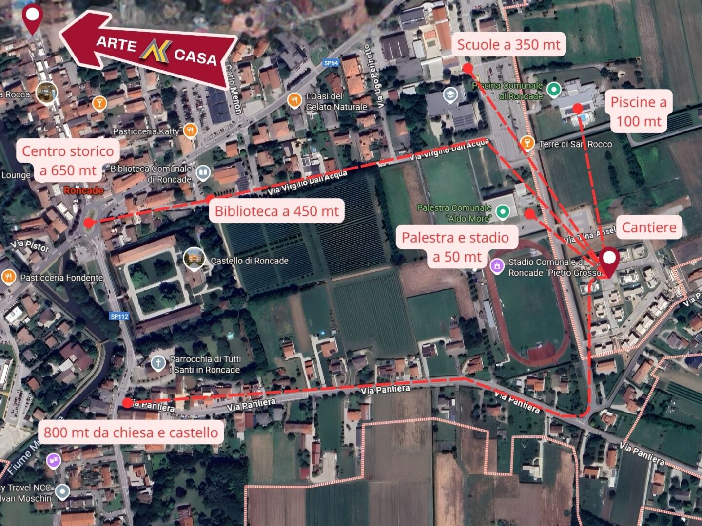 Mappa satellitare del cantiere residenziale a Roncade con indicazione delle distanze da scuole, piscine, stadio, biblioteca, centro storico e servizi principali