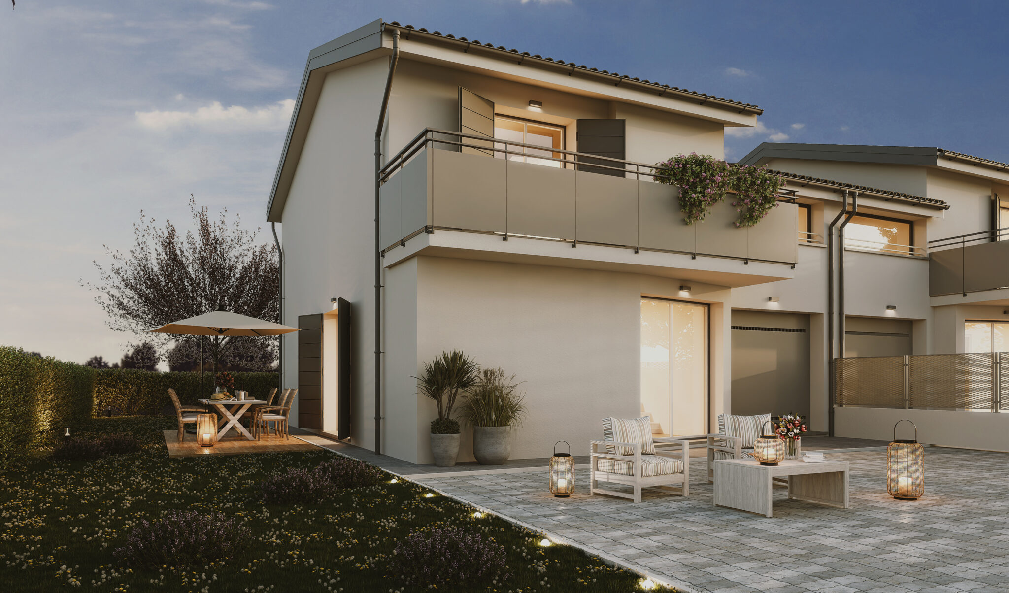 Rendering esterno serale della porzione di bifamiliare a Cazzago di Pianiga con giardino privato